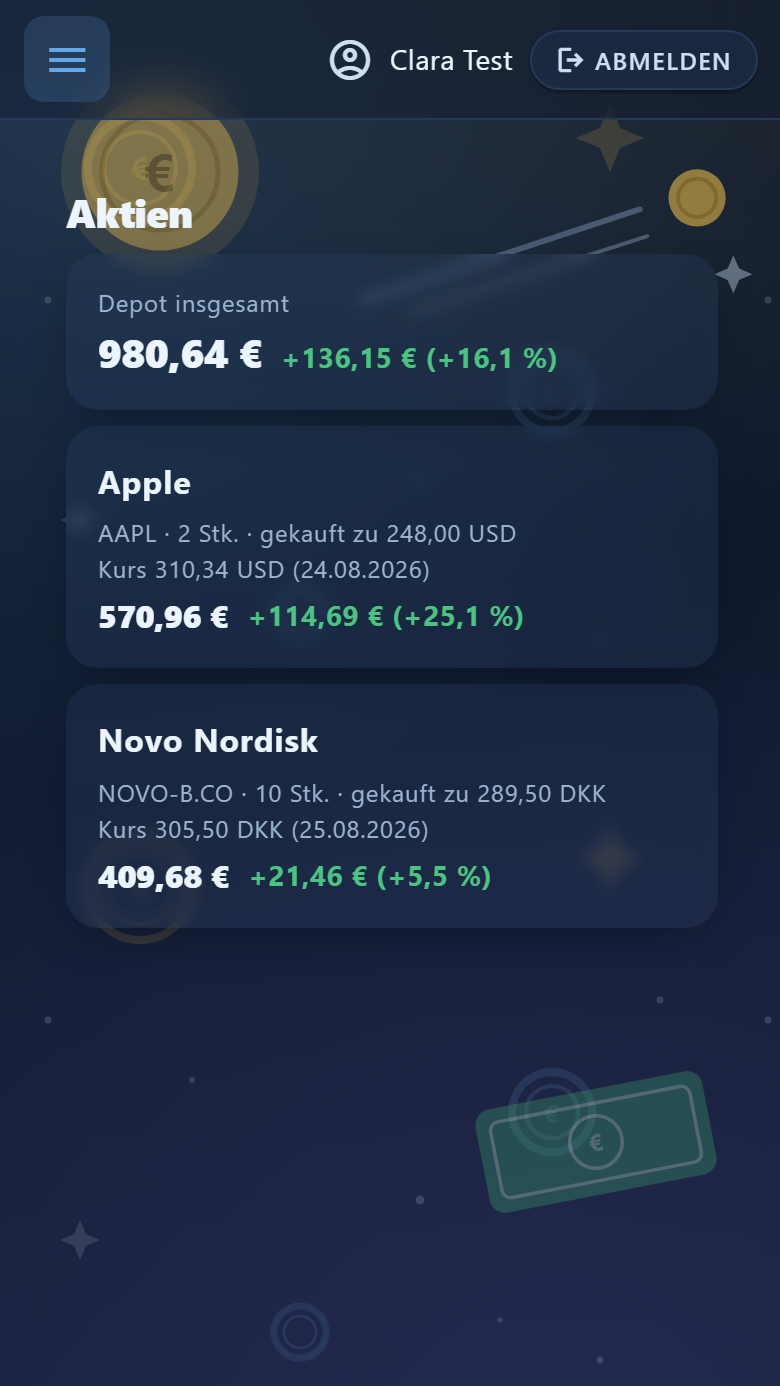 Aktiendepot eines Kindes mit den Kursen des Tages
