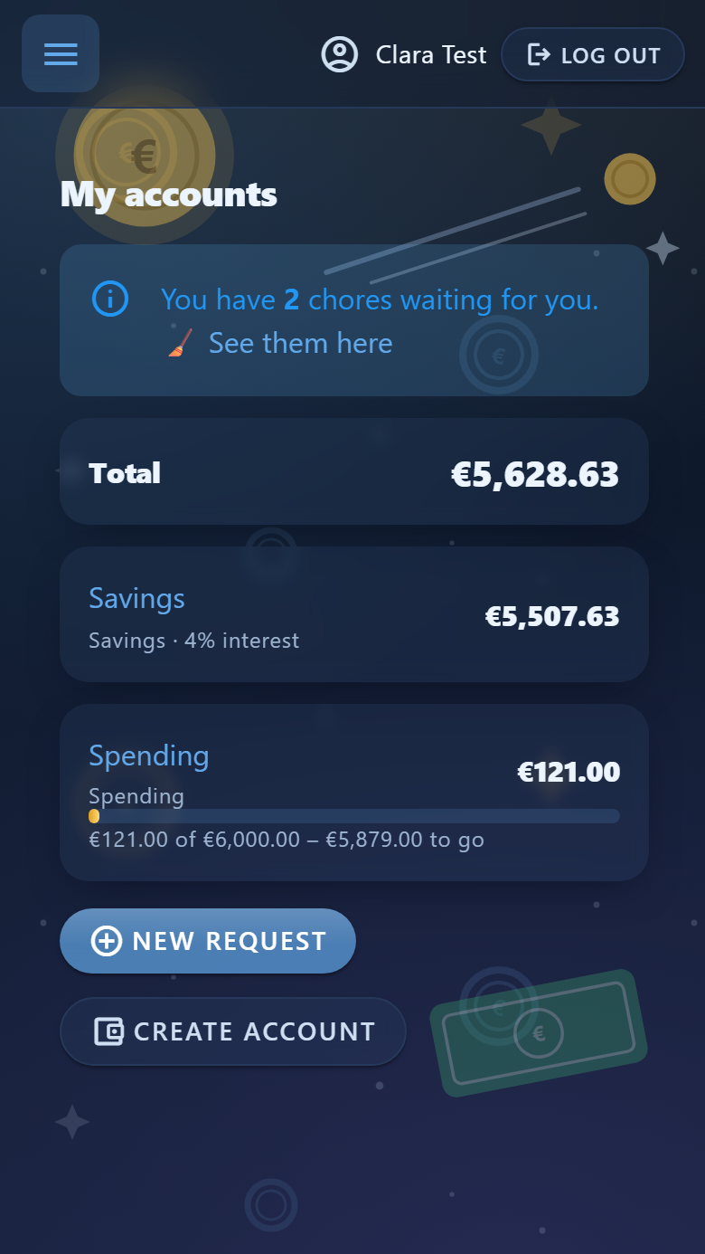 A child's home screen in Piggo with accounts, balance and savings goal