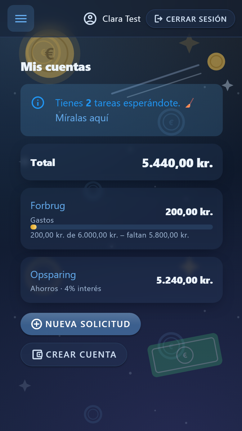 La página de inicio del niño en Piggo con cuentas, saldo y meta de ahorro