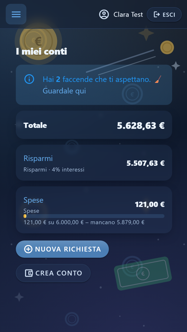 La schermata iniziale di un bambino in Piggo con conti, saldo e obiettivo di risparmio